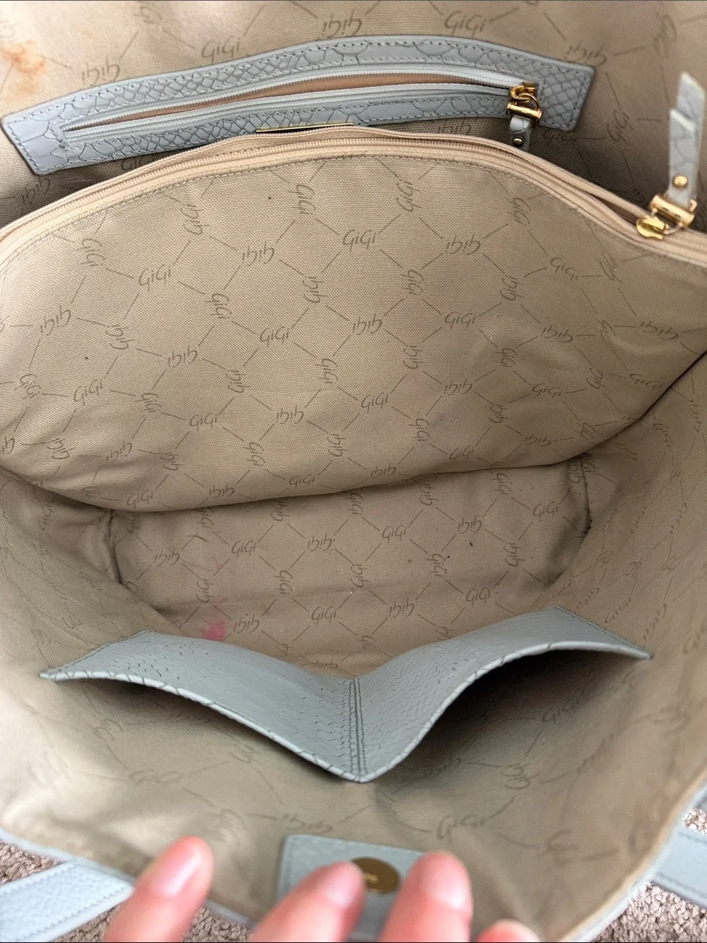 Gigi New York Monogrammed Light Gray Snake-Embossed Leather Tote Bag